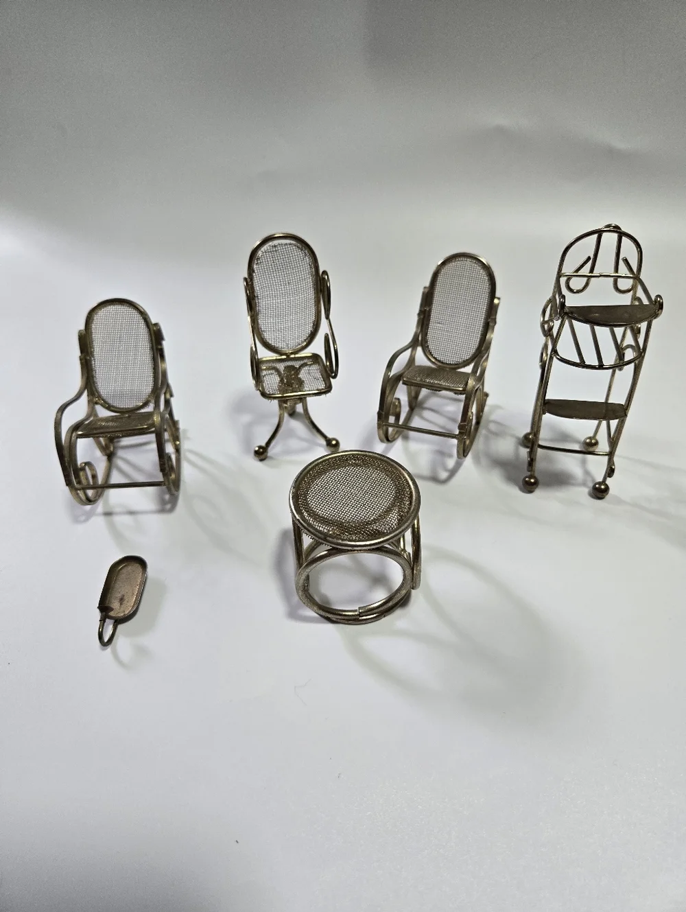 Vintage Metal Miniature Doll House Furniture Gold Rocking Chairs Table Sconce